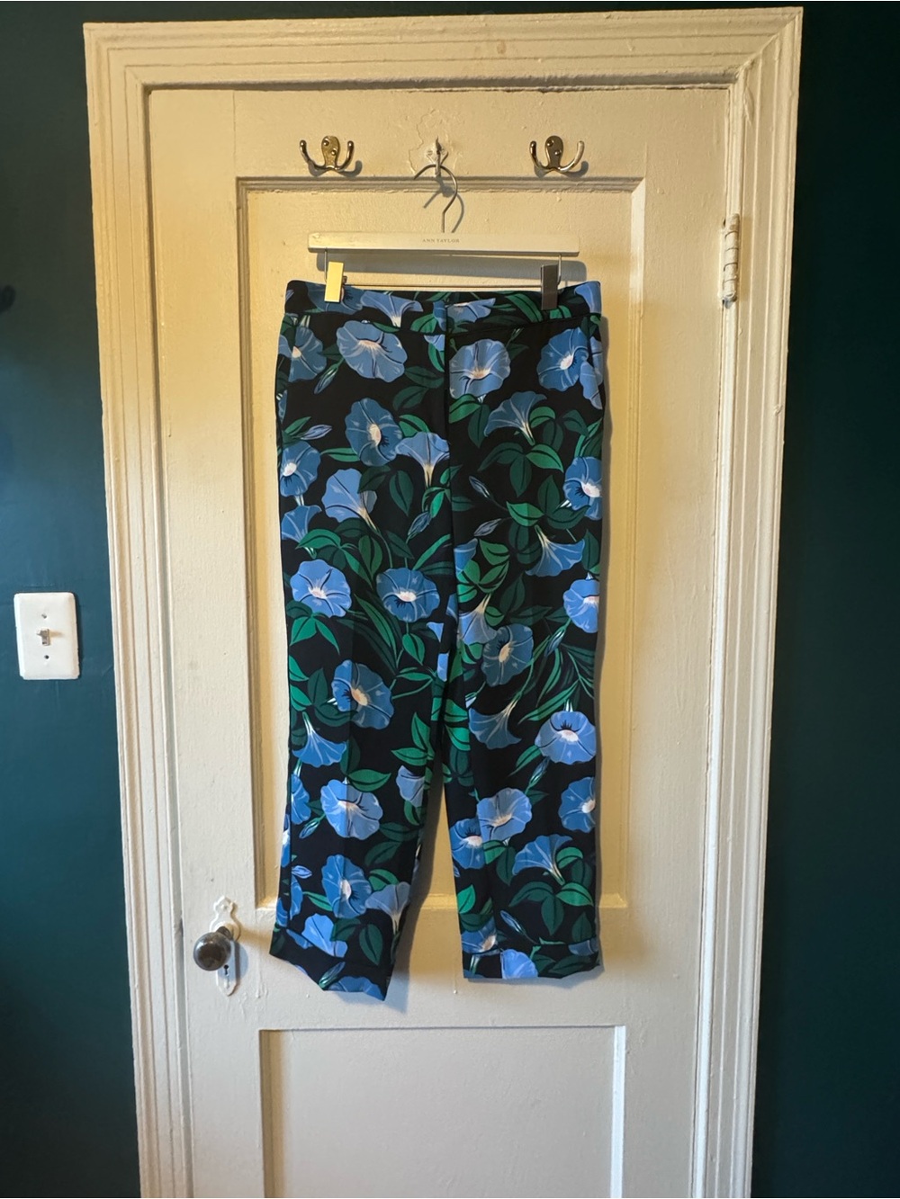 Ann Taylor Black Joggers with Blue Floral & Green Leaf Print
